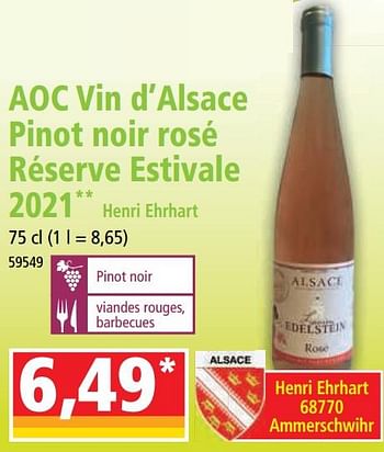 Promotions Aoc vin d’alsace pinot noir rosé réserve estivale 2021 henri ehrhart - Vins rosé - Valide de 19/04/2023 à 25/04/2023 chez Norma