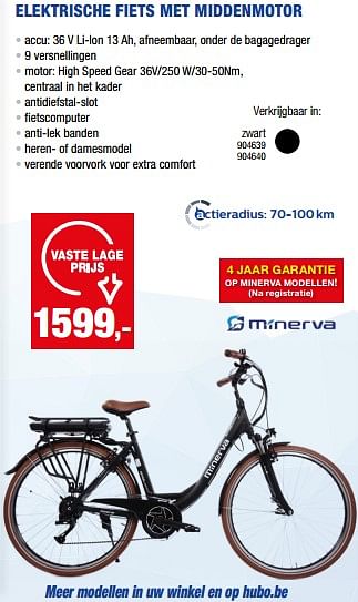 Promoties Elektrische fiets met middenmotor zwart - Minerva - Geldig van 19/04/2023 tot 30/04/2023 bij Hubo
