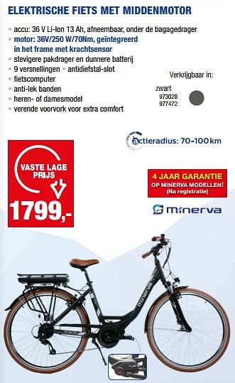 Promoties Elektrische fiets met middenmotor zwart - Minerva - Geldig van 19/04/2023 tot 30/04/2023 bij Hubo