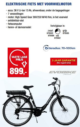 Promoties Elektrische fiets met voorwielmotor zwart - Evobike - Geldig van 19/04/2023 tot 30/04/2023 bij Hubo