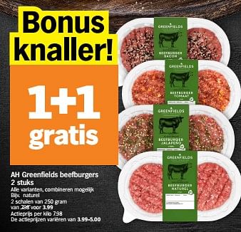 Promoties Ah greenfields beefburgers naturel - Huismerk - Albert Heijn - Geldig van 24/04/2023 tot 30/04/2023 bij Albert Heijn