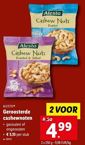 Promoties Geroosterde cashewnoten - Alesto - Geldig van 26/04/2023 tot 02/05/2023 bij Lidl