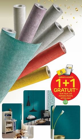 Promotions 1+1 gratuit sur tous les papiers peints béton mat - Produit maison - Brico - Valide de 26/04/2023 à 15/05/2023 chez Brico