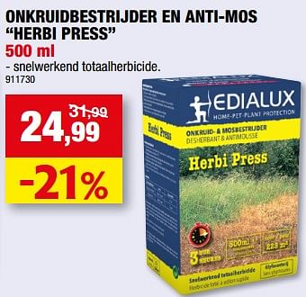 Promoties Onkruidbestrijder en anti-mos herbi press - Edialux - Geldig van 26/04/2023 tot 07/05/2023 bij Hubo