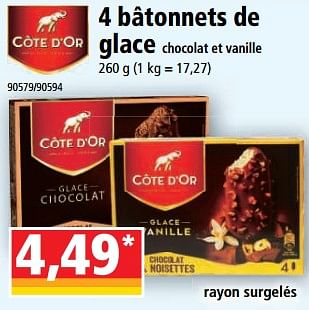 Promotions 4 bâtonnets de glace chocolat et vanille - Cote D'Or - Valide de 26/04/2023 à 02/05/2023 chez Norma
