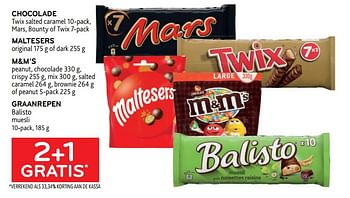 Promoties Chocolade + maltesers + m+m’s + graanrepen balisto 2+1 gratis - Huismerk - Alvo - Geldig van 03/05/2023 tot 16/05/2023 bij Alvo
