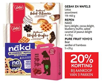 Promoties Gebak en wafels lotus + repen nakd + pure fruit yoyo’s bear 20% korting bij aankoop van 3 pakken - Huismerk - Alvo - Geldig van 03/05/2023 tot 16/05/2023 bij Alvo