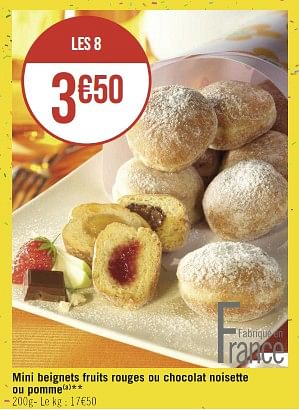 Promotions Mini beignets fruits rouges ou chocolat noisette ou pomme - Produit Maison - Géant Casino - Valide de 02/05/2023 à 14/05/2023 chez Géant Casino