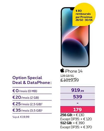 Promotions Apple iphone 14 128 gb 5g - Apple - Valide de 01/05/2023 à 31/07/2023 chez Proximus