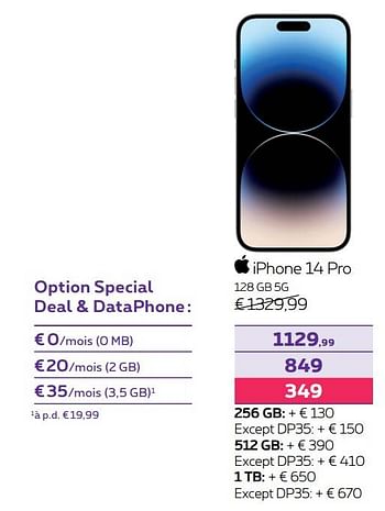 Promotions Apple iphone 14 pro 128 gb 5g - Apple - Valide de 01/05/2023 à 31/07/2023 chez Proximus