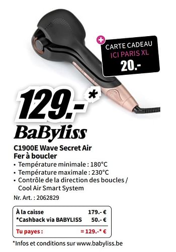 Promotions Babyliss c1900e wave secret air fer à boucler - Babyliss - Valide de 06/05/2023 à 14/05/2023 chez Media Markt
