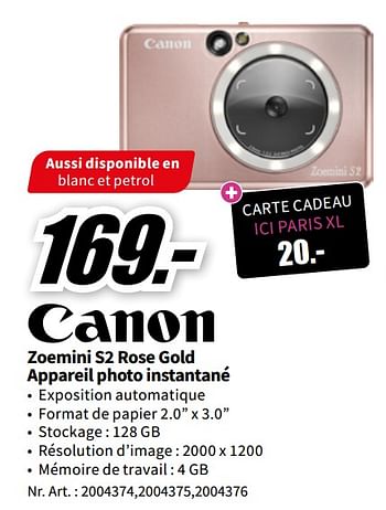 Promotions Canon zoemini s2 rose gold appareil photo instantané - Canon - Valide de 06/05/2023 à 14/05/2023 chez Media Markt