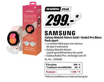 Promotions Samsung galaxy watch5 gold + buds2 pro blanc pack sport - Samsung - Valide de 06/05/2023 à 14/05/2023 chez Media Markt