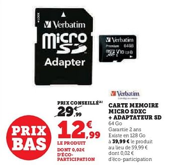 Promotions Carte memoire micro sdxc + adaptateur sd - Verbatim - Valide de 03/05/2023 à 14/05/2023 chez Super U