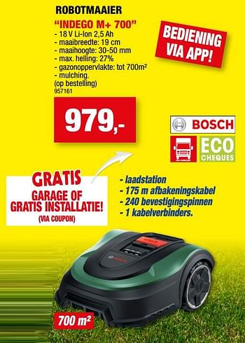 Promoties Bosch robotmaaier indego m+ 700 - Bosch - Geldig van 03/05/2023 tot 14/05/2023 bij Hubo