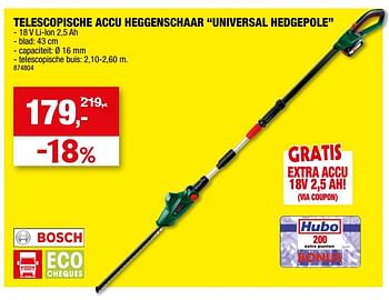 Promotions Bosch telescopische accu heggenschaar universal hedgepole - Bosch - Valide de 03/05/2023 à 14/05/2023 chez Hubo