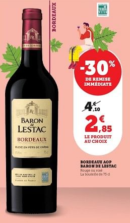 Promotions Bordeaux aop baron de lestac - Vins rouges - Valide de 03/05/2023 à 14/05/2023 chez Super U