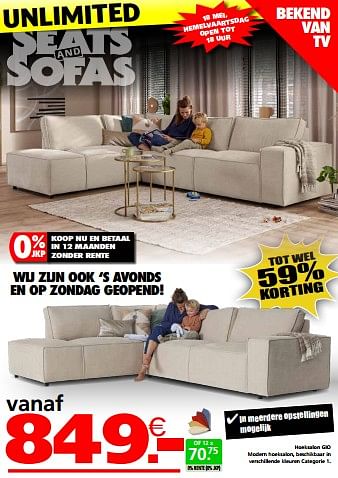 Promoties Hoeksalon gio - Huismerk - Seats and Sofas - Geldig van 11/05/2023 tot 21/05/2023 bij Seats and Sofas
