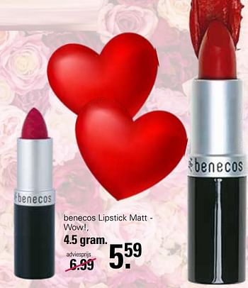 Promotions Benecos lipstick matt - wow! - Benecos - Valide de 28/04/2023 à 15/05/2023 chez De Online Drogist