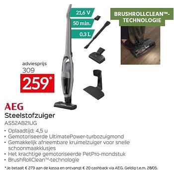 Promoties Aeg steelstofzuiger as52ab21ug - AEG - Geldig van 05/05/2023 tot 03/06/2023 bij Selexion