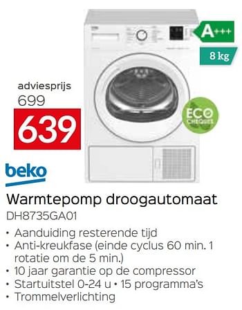 Promoties Beko warmtepomp droogautomaat dh8735ga01 - Beko - Geldig van 05/05/2023 tot 03/06/2023 bij Selexion