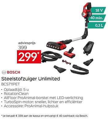 Promotions Bosch steelstofzuiger unlimited bcs711pet - Bosch - Valide de 05/05/2023 à 03/06/2023 chez Selexion