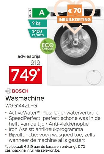 Promoties Bosch wasmachine wgg144zlfg - Bosch - Geldig van 05/05/2023 tot 03/06/2023 bij Selexion