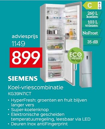 Promoties Siemens koel-vriescombinatie kg39n7ict - Siemens - Geldig van 05/05/2023 tot 03/06/2023 bij Selexion