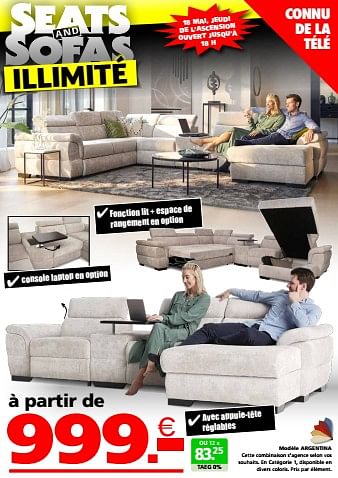 Promotions Modèle argentina - Produit maison - Seats and Sofas - Valide de 11/05/2023 à 21/05/2023 chez Seats and Sofas