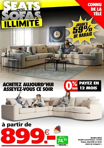 Promotions Modèle beau - Produit maison - Seats and Sofas - Valide de 11/05/2023 à 21/05/2023 chez Seats and Sofas