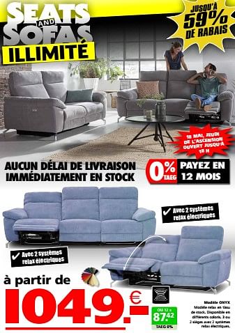 Promotions Modèle onyx - Produit maison - Seats and Sofas - Valide de 11/05/2023 à 21/05/2023 chez Seats and Sofas