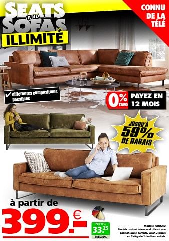 Promotions Modèle pancho - Produit maison - Seats and Sofas - Valide de 11/05/2023 à 21/05/2023 chez Seats and Sofas