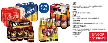 Promoties Bier maes + bier hapkin + pils cristal alken + abdijbier grimbergen + bier met tequila desperados + virgin 0.0% desperados 2e voor 1-2 prijs - Huismerk - Alvo - Geldig van 17/05/2023 tot 30/05/2023 bij Alvo