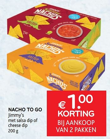 Promoties Nacho to go jimmy’s € 1.00 korting bij aankoop van 2 pakken - Jimmy's - Geldig van 17/05/2023 tot 30/05/2023 bij Alvo