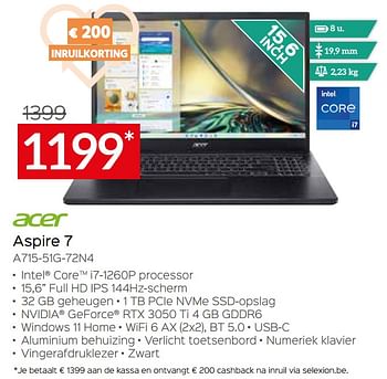 Promoties Acer aspire 7 a715-51g-72n4 - Acer - Geldig van 05/05/2023 tot 03/06/2023 bij Selexion