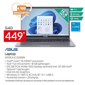 Promotions Asus laptop x515ea-ej3289w - Asus - Valide de 05/05/2023 à 03/06/2023 chez Selexion