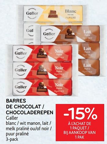 Promotions Barres de chocolat galler -15% à l’achat de 1 paquet - Galler - Valide de 17/05/2023 à 30/05/2023 chez Alvo
