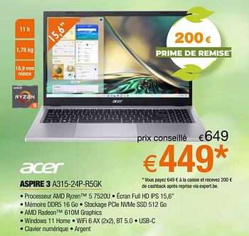 Promoties Acer aspire 3 a315-24p-r5gk - Acer - Geldig van 05/05/2023 tot 03/06/2023 bij Expert