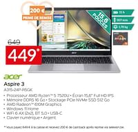 Promotions Acer aspire 3 a315-24p-r5gk - Acer - Valide de 05/05/2023 à 03/06/2023 chez Selexion