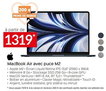 Promotions Apple macbook air avec puce m2 - Apple - Valide de 05/05/2023 à 03/06/2023 chez Selexion