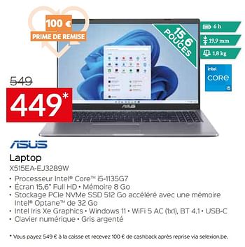 Promotions Asus laptop x515ea-ej3289w - Asus - Valide de 05/05/2023 à 03/06/2023 chez Selexion