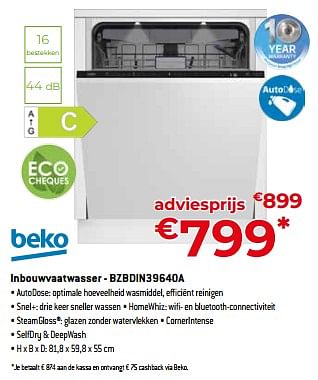 Promoties Beko inbouwvaatwasser - bzbdin39640a - Beko - Geldig van 05/05/2023 tot 03/06/2023 bij Exellent