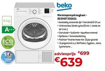 Promoties Beko warmtepompdroogkast - bedh8735ga01 - Beko - Geldig van 05/05/2023 tot 03/06/2023 bij Exellent