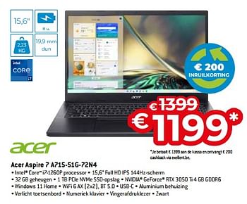 Promoties Acer aspire 7 a715-51g-72n4 - Acer - Geldig van 05/05/2023 tot 03/06/2023 bij Exellent