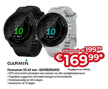 Promoties Garmin forerunner 55 42 mm - ggforerun55 - Garmin - Geldig van 05/05/2023 tot 03/06/2023 bij Exellent