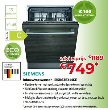 Promoties Siemens inbouwvaatwasser - sisn63ex14ce - Siemens - Geldig van 05/05/2023 tot 03/06/2023 bij Exellent