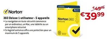 Promotions 360 deluxe 1 utilisateur - 5 appareils - Norton - Valide de 05/05/2023 à 03/06/2023 chez Exellent