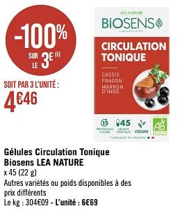 Promotions Gélules circulation tonique biosens lea nature - Biosens - Valide de 15/05/2023 à 28/05/2023 chez Géant Casino