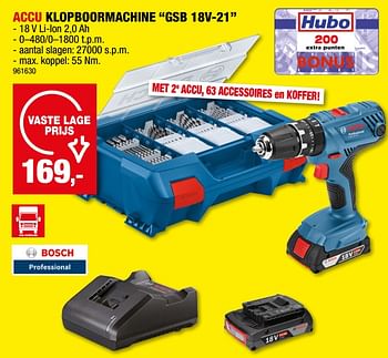 Promotions Bosch accu klopboormachine gsb 18v-21 - Bosch - Valide de 17/05/2023 à 28/05/2023 chez Hubo