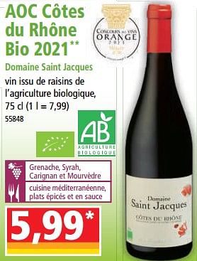 Promotions Aoc côtes du rhône bio 2021 domaine saint jacques - Vins rouges - Valide de 17/05/2023 à 23/05/2023 chez Norma